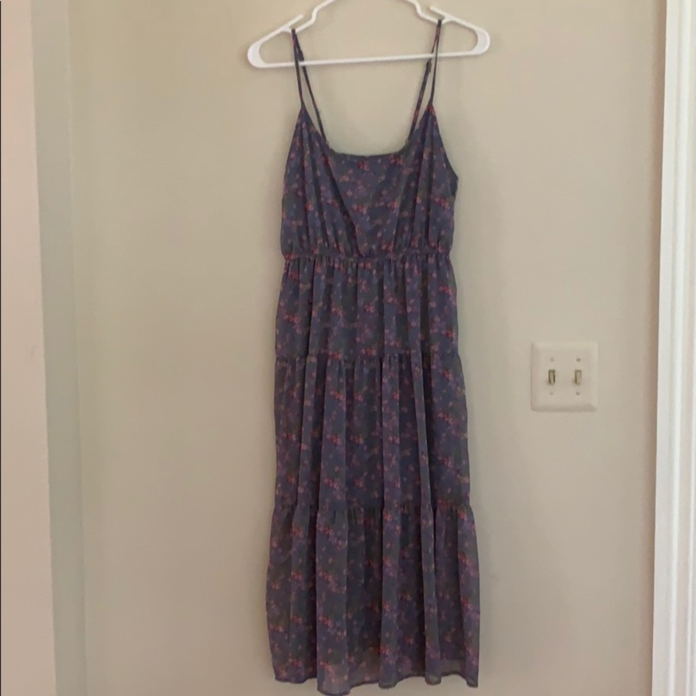 Pink & Blue Floral Tiered Midi Dress